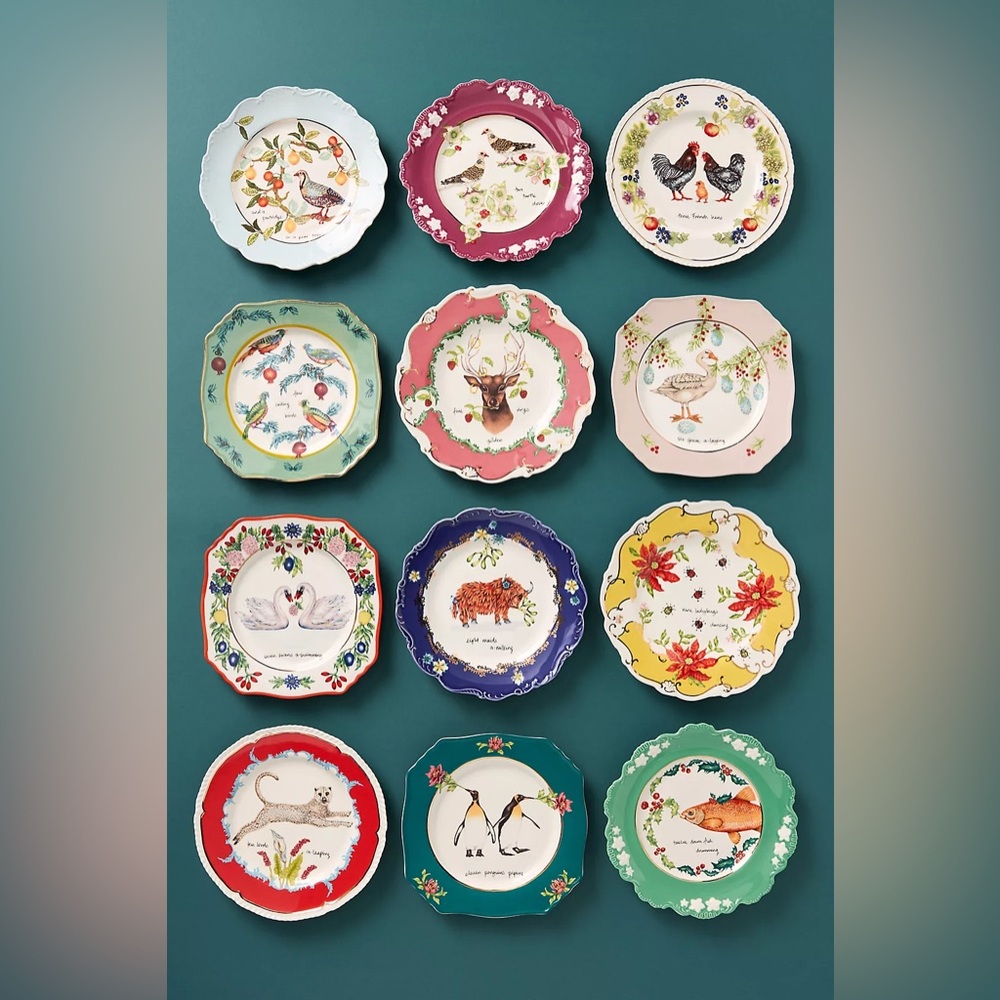 Anthropologie Lou Rota Twelve Days of Christmas Dessert Plates Set 2022 Edition